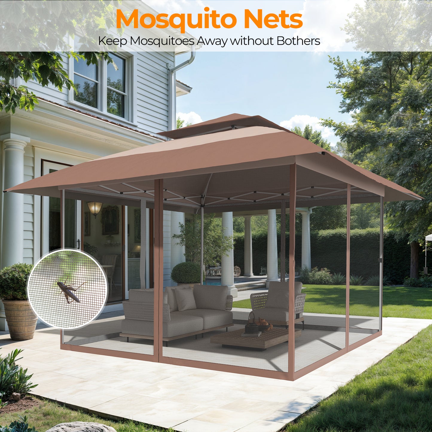13x13ft Outdoor Pop Up Gazebo Instant Patio Tent Canopy Shelter, Brown