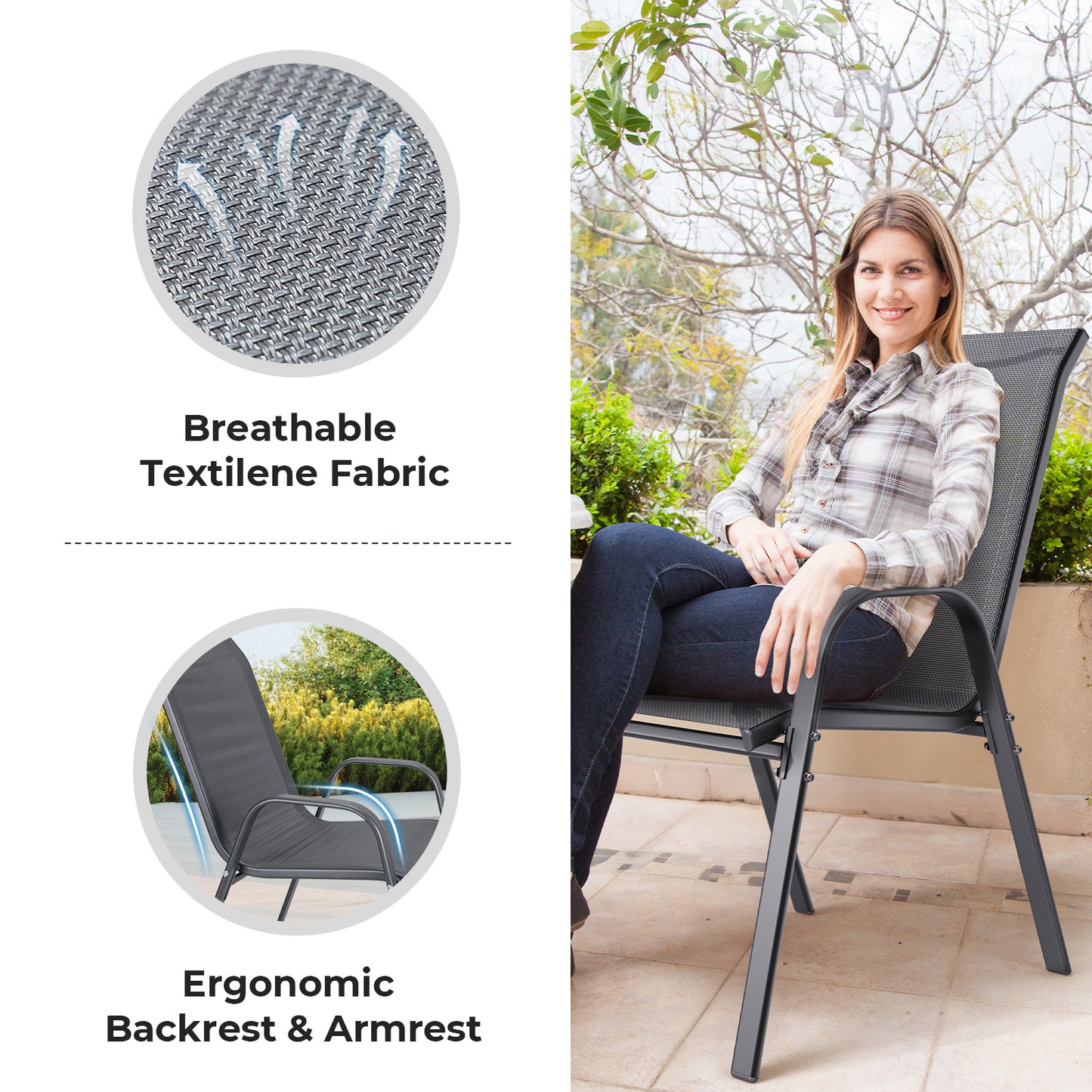 2 x Outdoor Stackable Patio Dining Chairs High Back Textilene Armchair