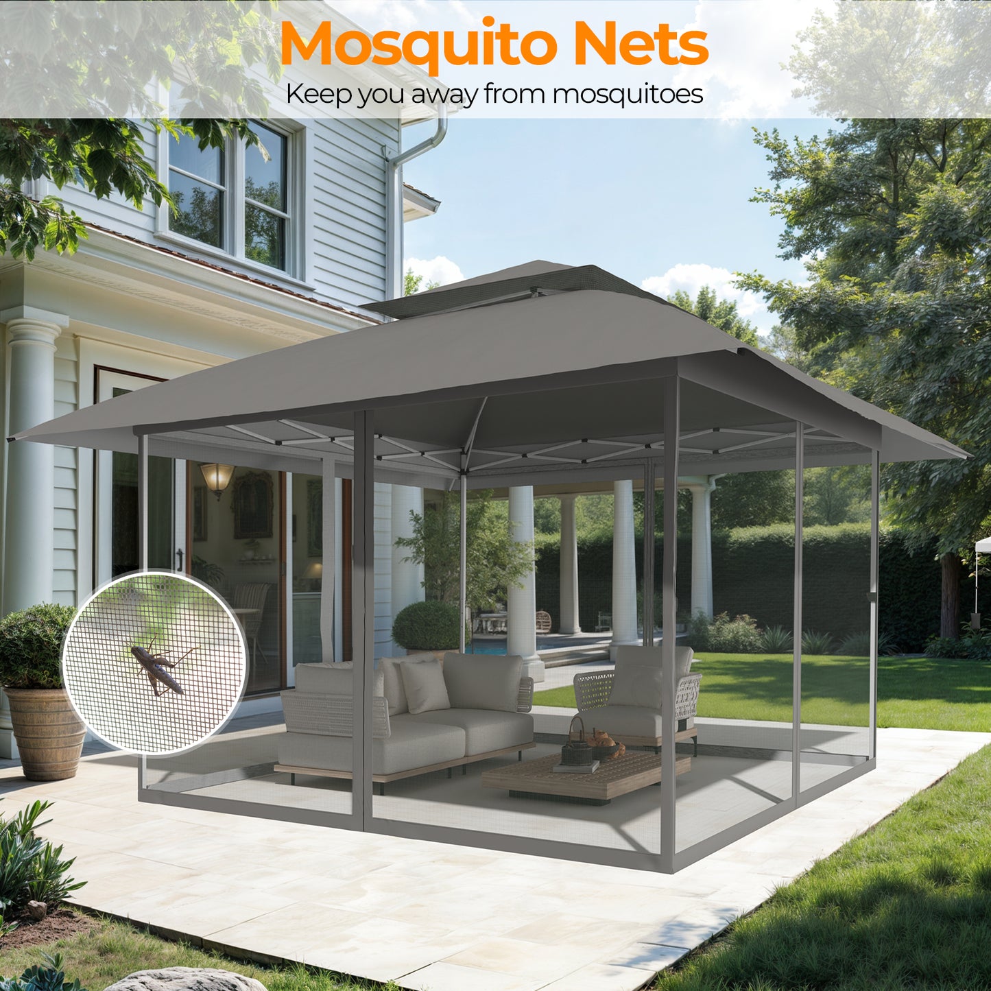 13x13 Pop Up Gazebo Instant Canopy Tent w/ Mosquito Netting, Dark Gray