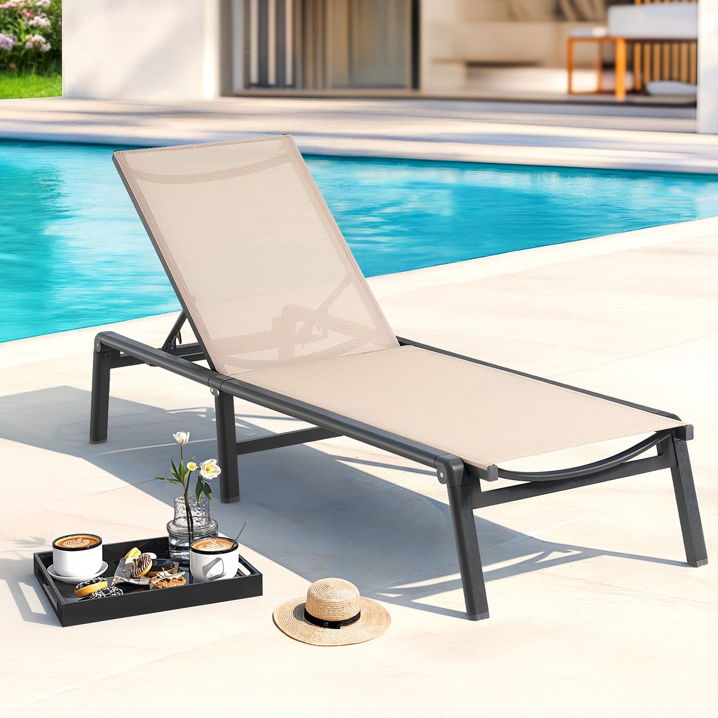 Foldable Aluminum Outdoor Chaise Lounge Chair, No Assembly, Khaki
