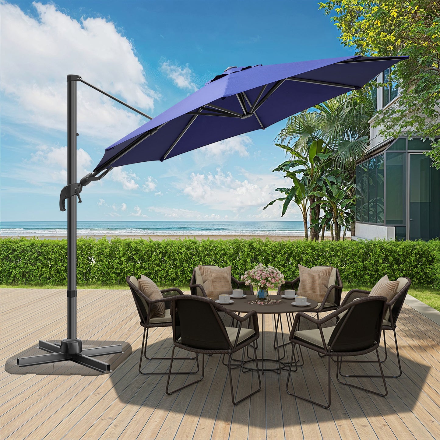 10ft Hanging Offset Cantilever Umbrella w/ Olefin Canopy, Dark Blue