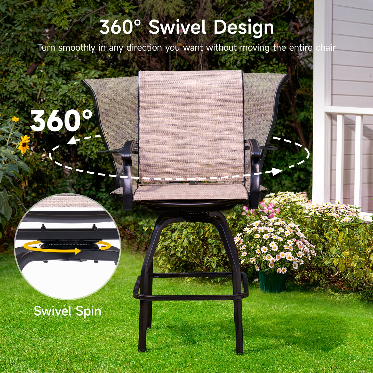 2 Pcs Patio Swivel Bar Chairs, 360° Rotating Counter Height Bar Stools