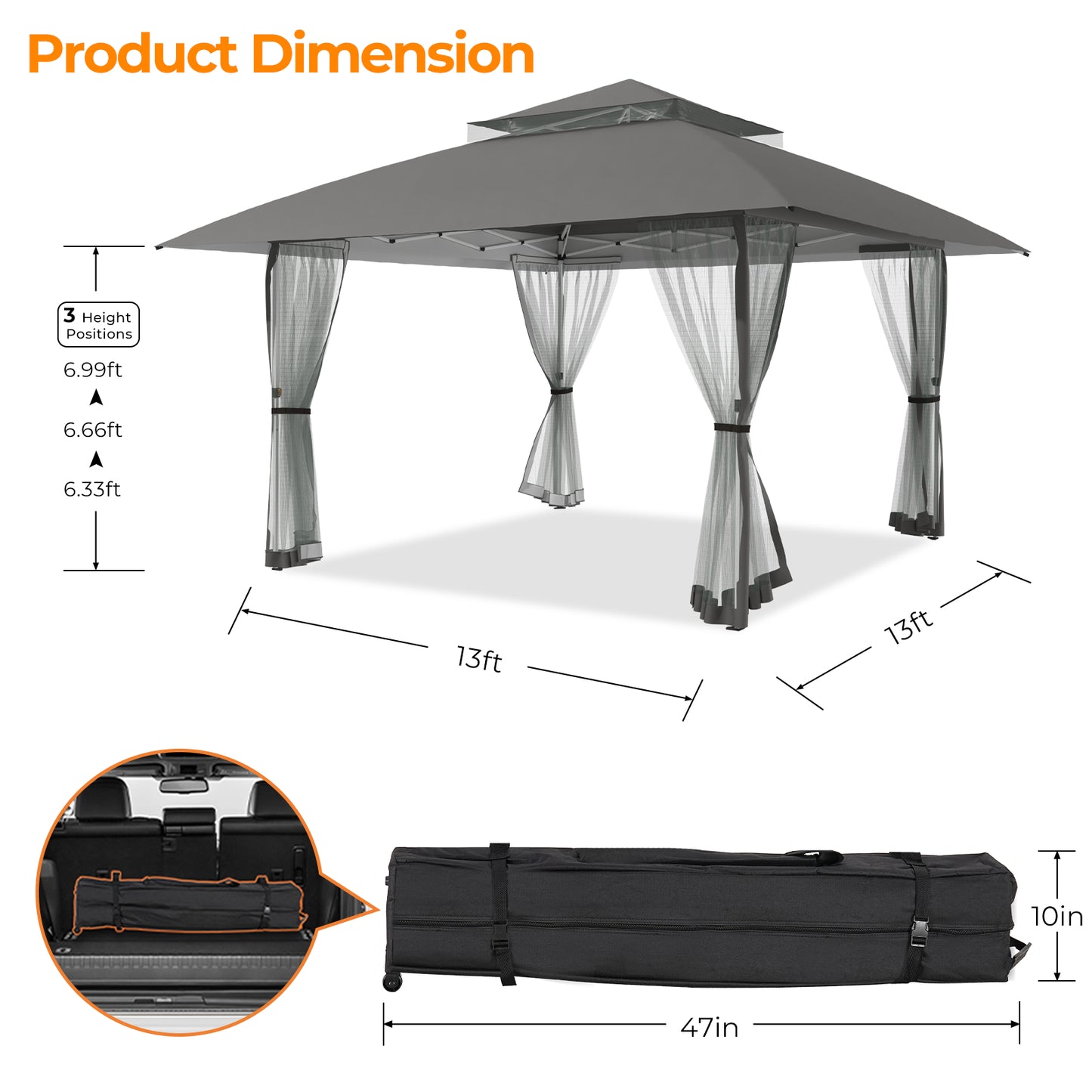 13x13 Pop Up Gazebo Instant Canopy Tent w/ Mosquito Netting, Dark Gray