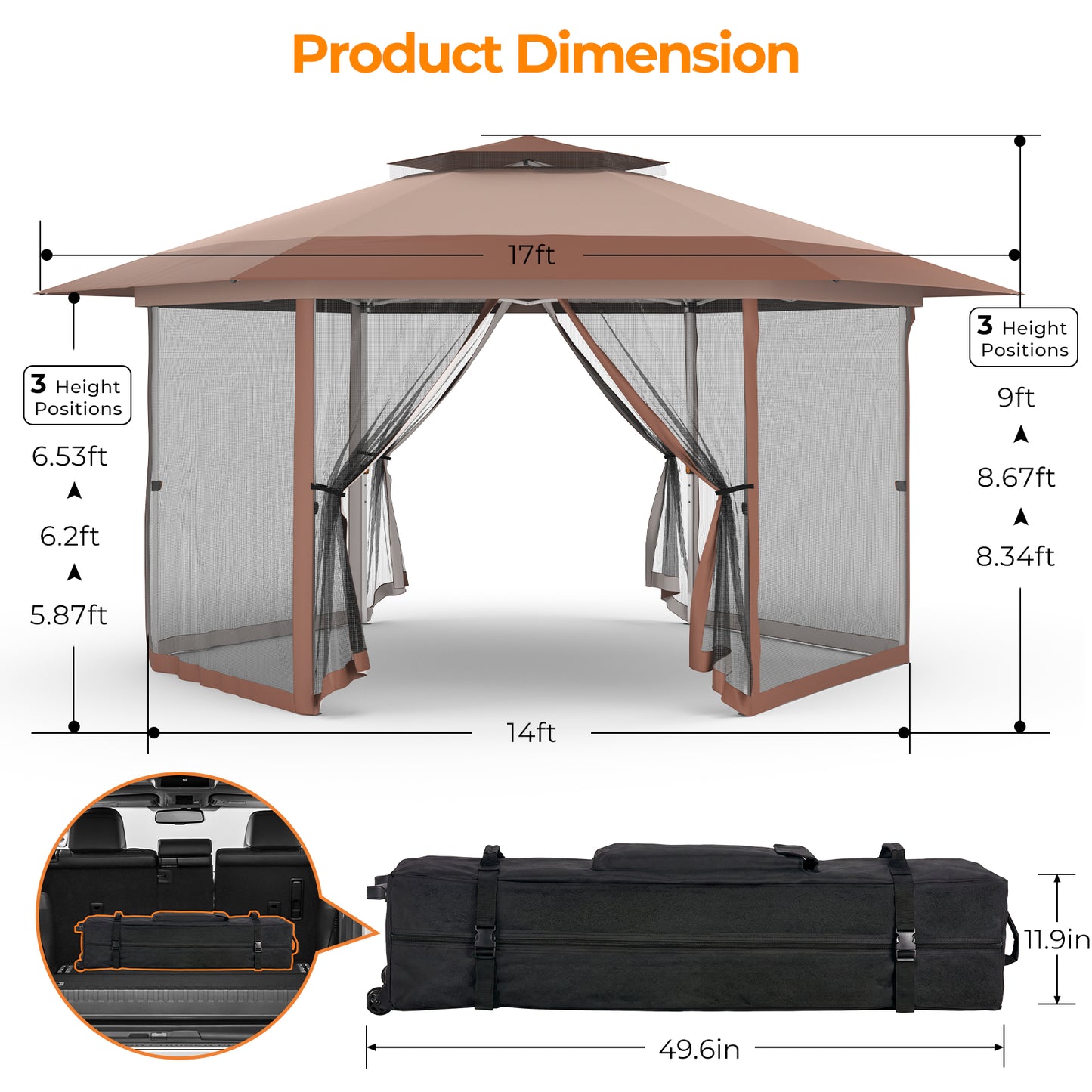 13' x 13' Pop Up Gazebo Hexagonal Canopy with Zippered Mesh Netting