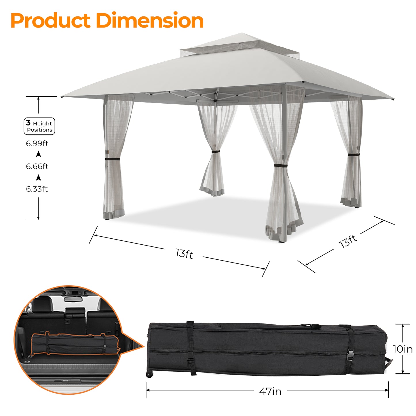 13x13 Pop Up Gazebo Instant Canopy Tent w/ Mosquito Netting,Light Gray