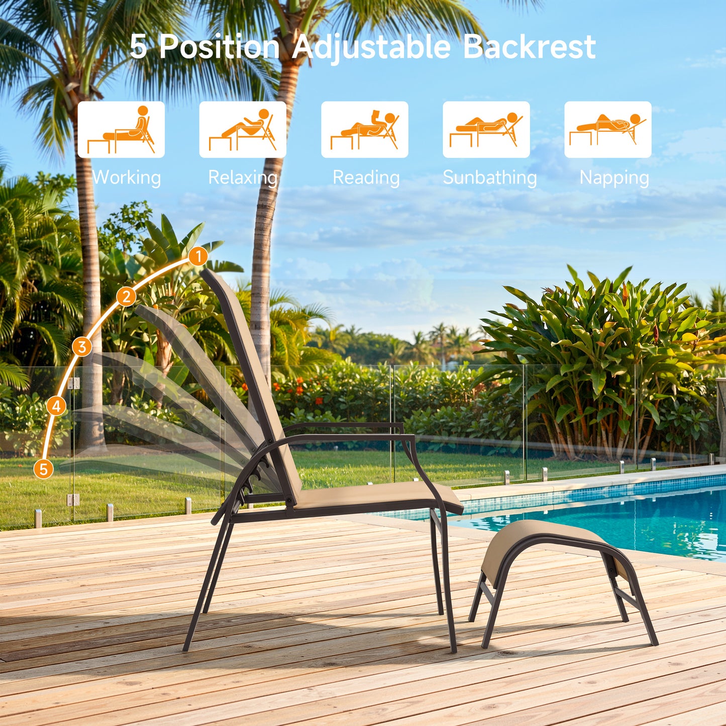 5 Piece Patio Furniture Set with 2 Ottomans and Glass Table, Brown