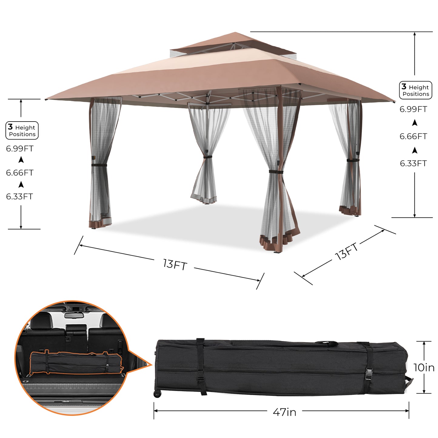 13x13ft Outdoor Pop Up Gazebo Instant Patio Tent Canopy Shelter, Brown