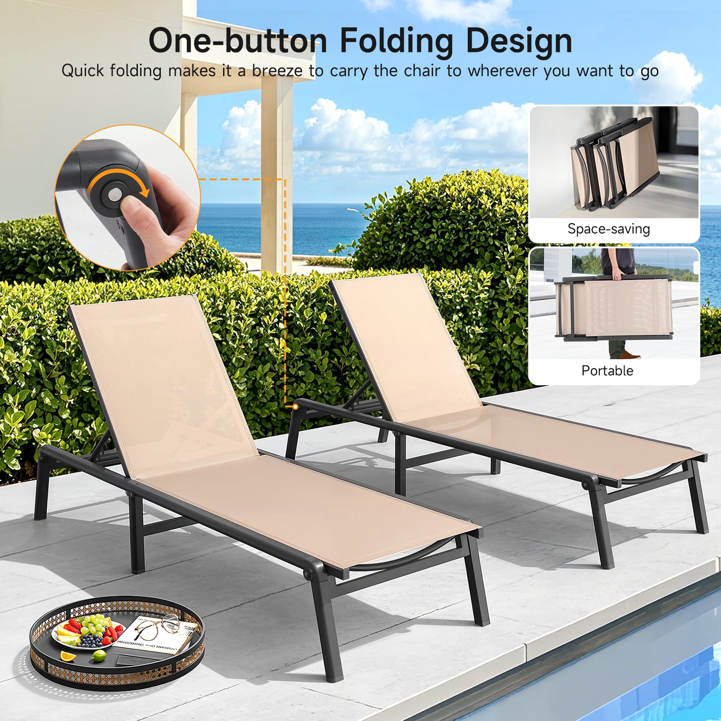 Foldable Aluminum Outdoor Chaise Lounge Chair, No Assembly, Khaki