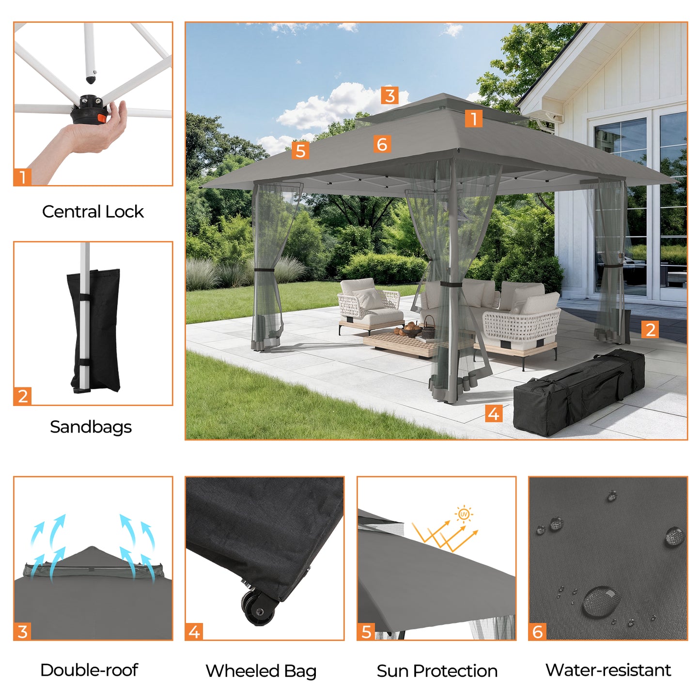 13x13 Pop Up Gazebo Instant Canopy Tent w/ Mosquito Netting, Dark Gray