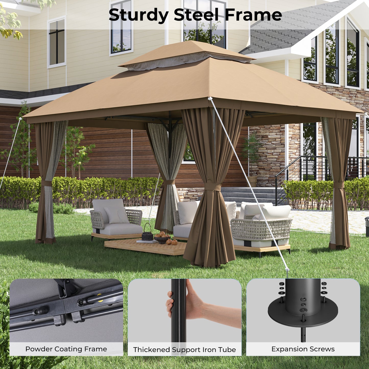 10'x13' Outdoor Patio Gazebo with Double Roof & Mosquito Netting,Brown