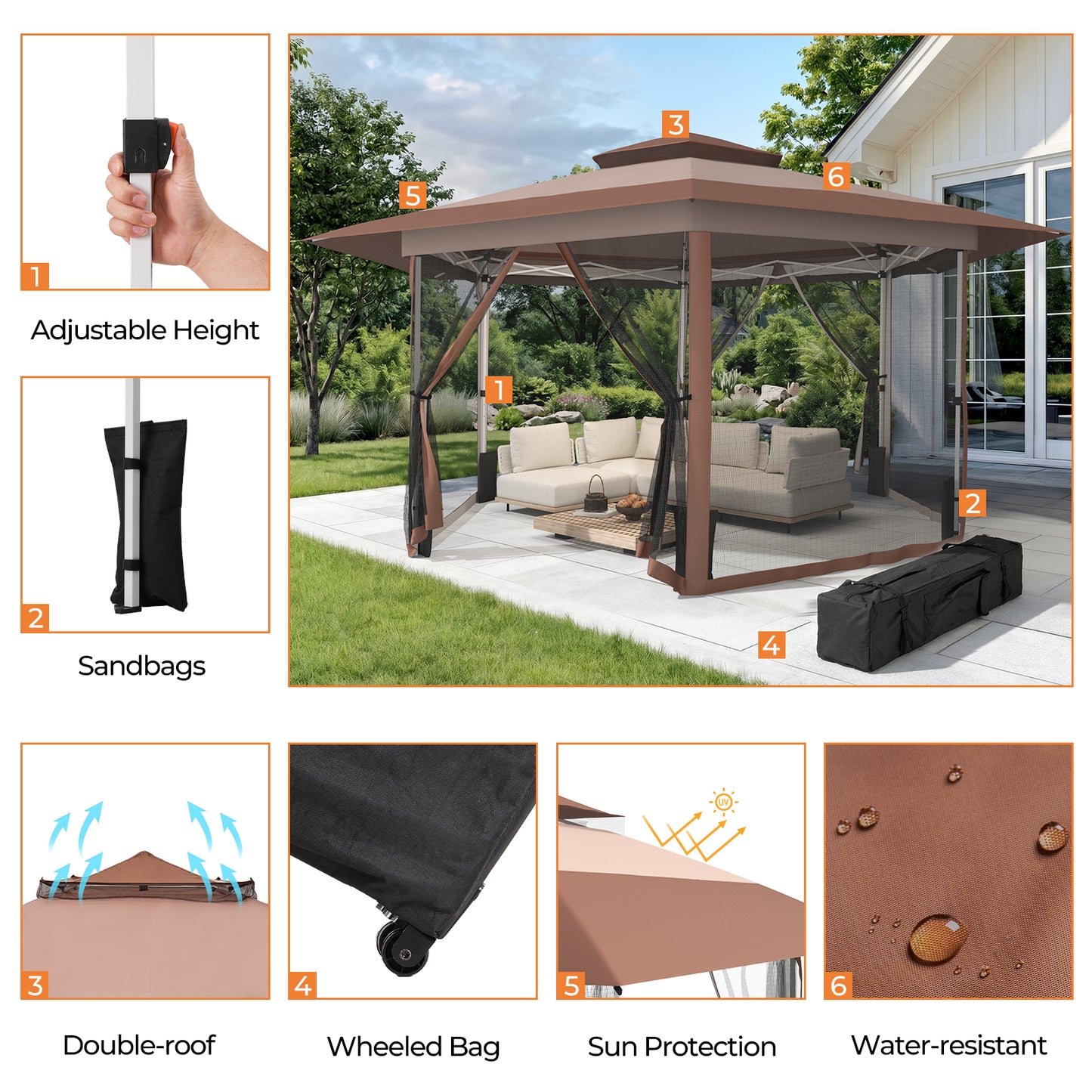 13' x 13' Pop Up Gazebo Hexagonal Canopy with Zippered Mesh Netting