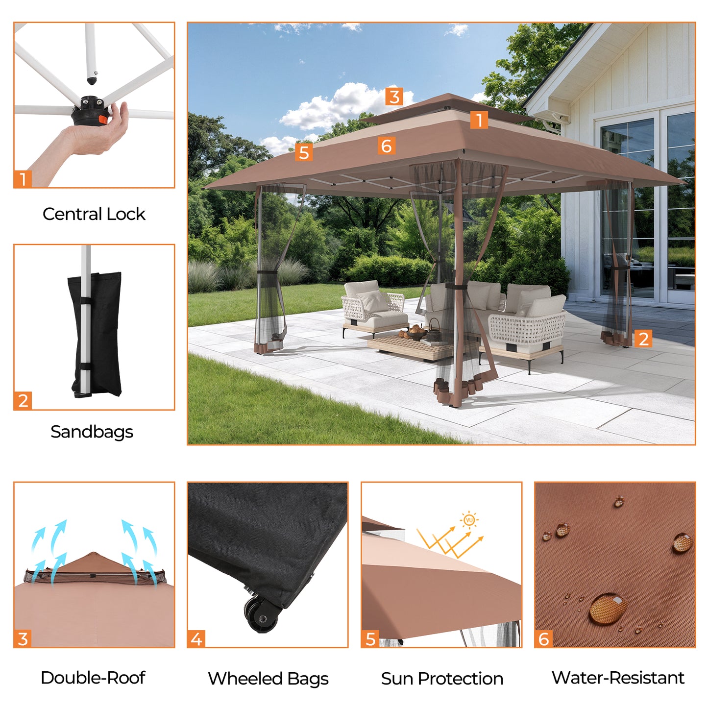 13x13ft Outdoor Pop Up Gazebo Instant Patio Tent Canopy Shelter, Brown
