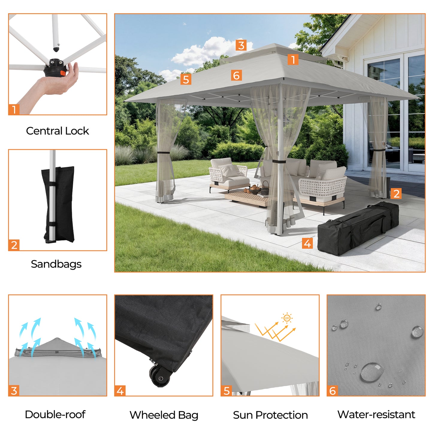 13x13 Pop Up Gazebo Instant Canopy Tent w/ Mosquito Netting,Light Gray