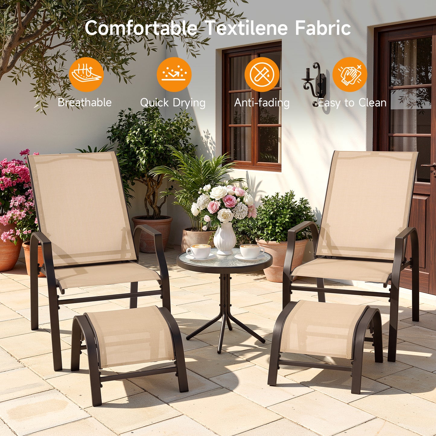 5 Piece Patio Furniture Set with 2 Ottomans and Glass Table, Brown