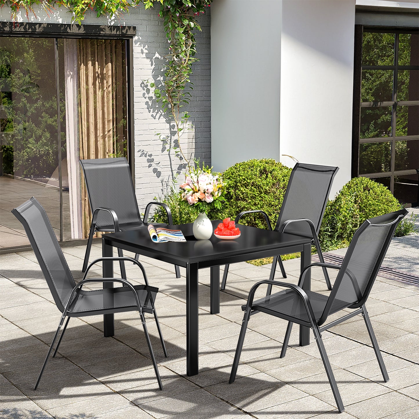 4 x Outdoor Stackable Patio Dining Chairs High Back Textilene Armchair