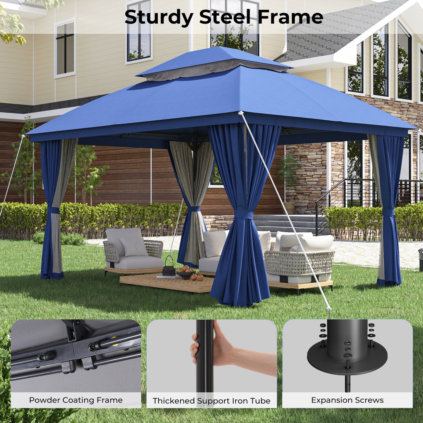 10'x13' Outdoor Patio Gazebo with Double Roof & Mosquito Netting, Blue