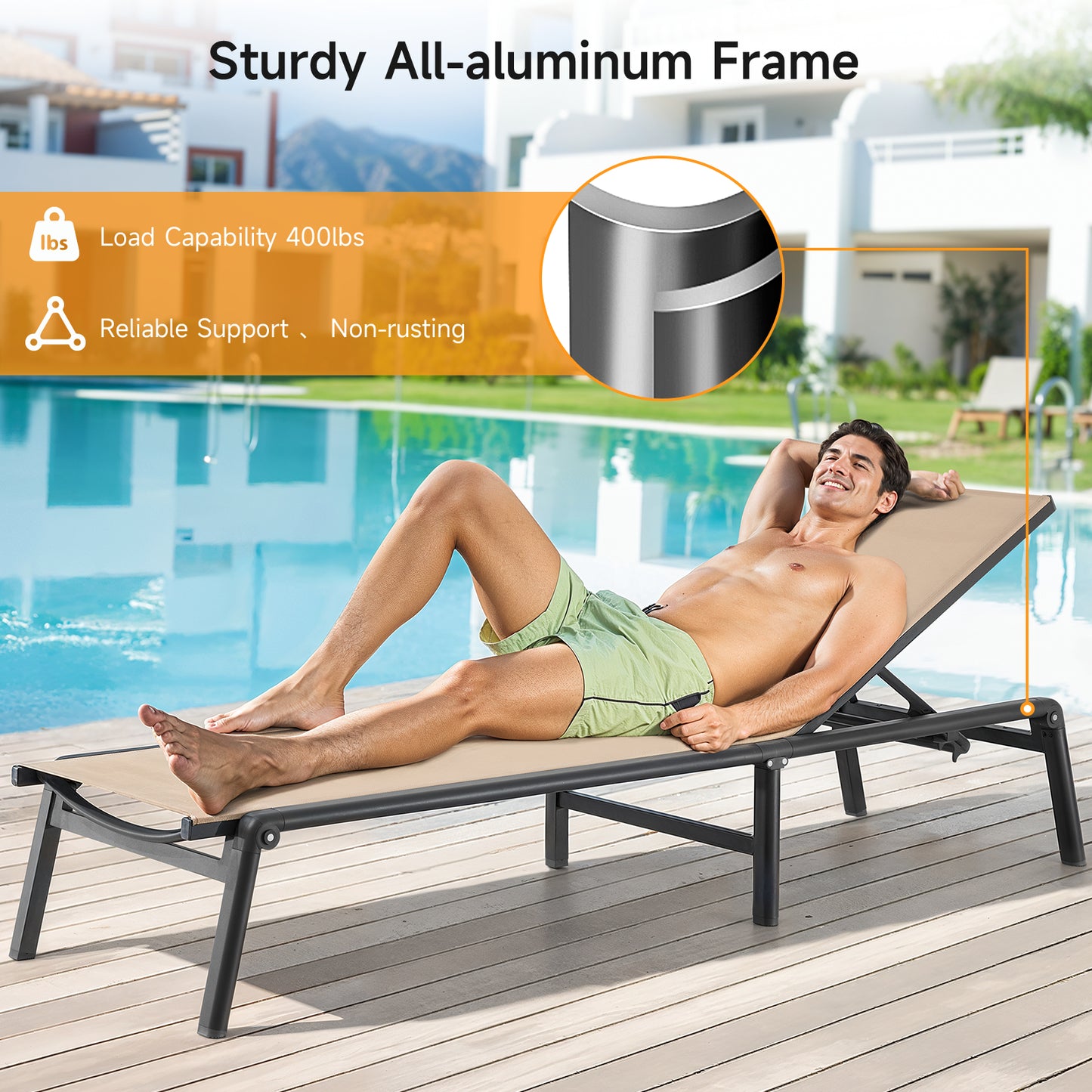 Foldable Aluminum Outdoor Chaise Lounge Chair, No Assembly, Khaki