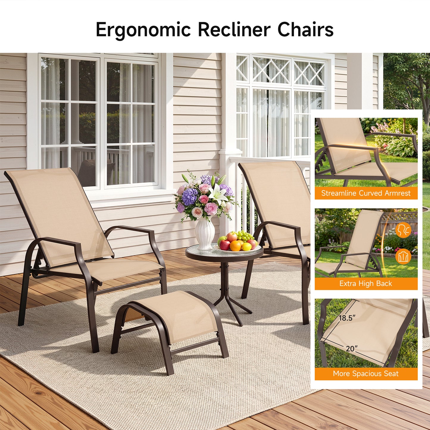 5 Piece Patio Furniture Set with 2 Ottomans and Glass Table, Brown