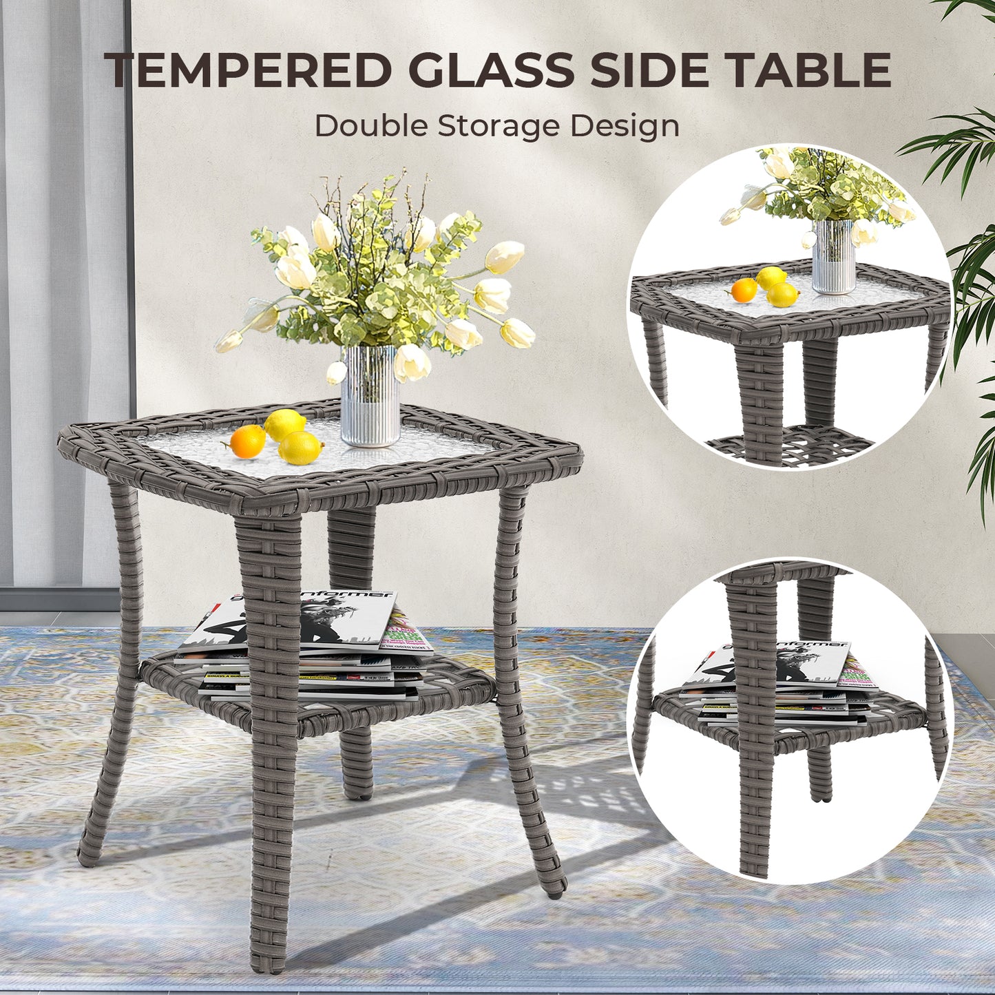 3 Pcs Patio Bistro Set w/ Wicker Swivel Rocking Chairs & Side Table