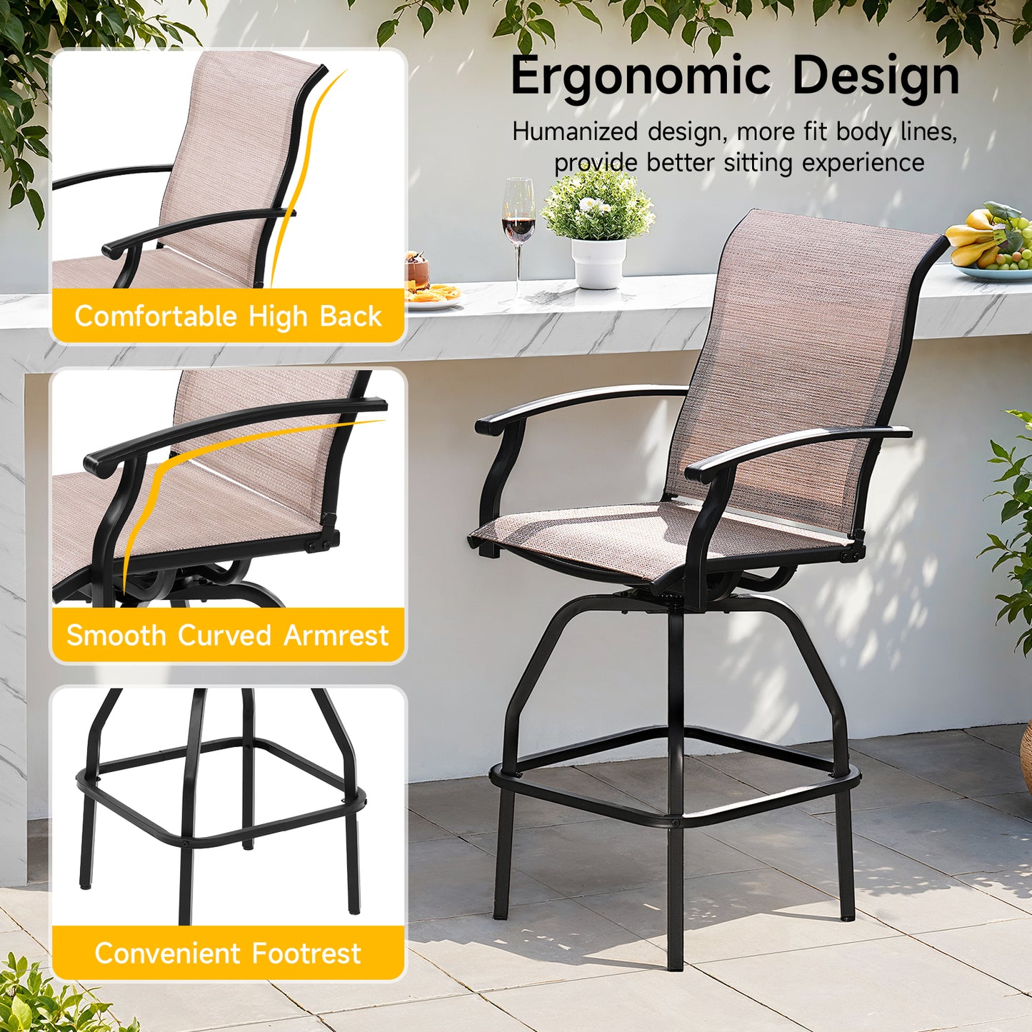 2 Pcs Patio Swivel Bar Chairs, 360° Rotating Counter Height Bar Stools