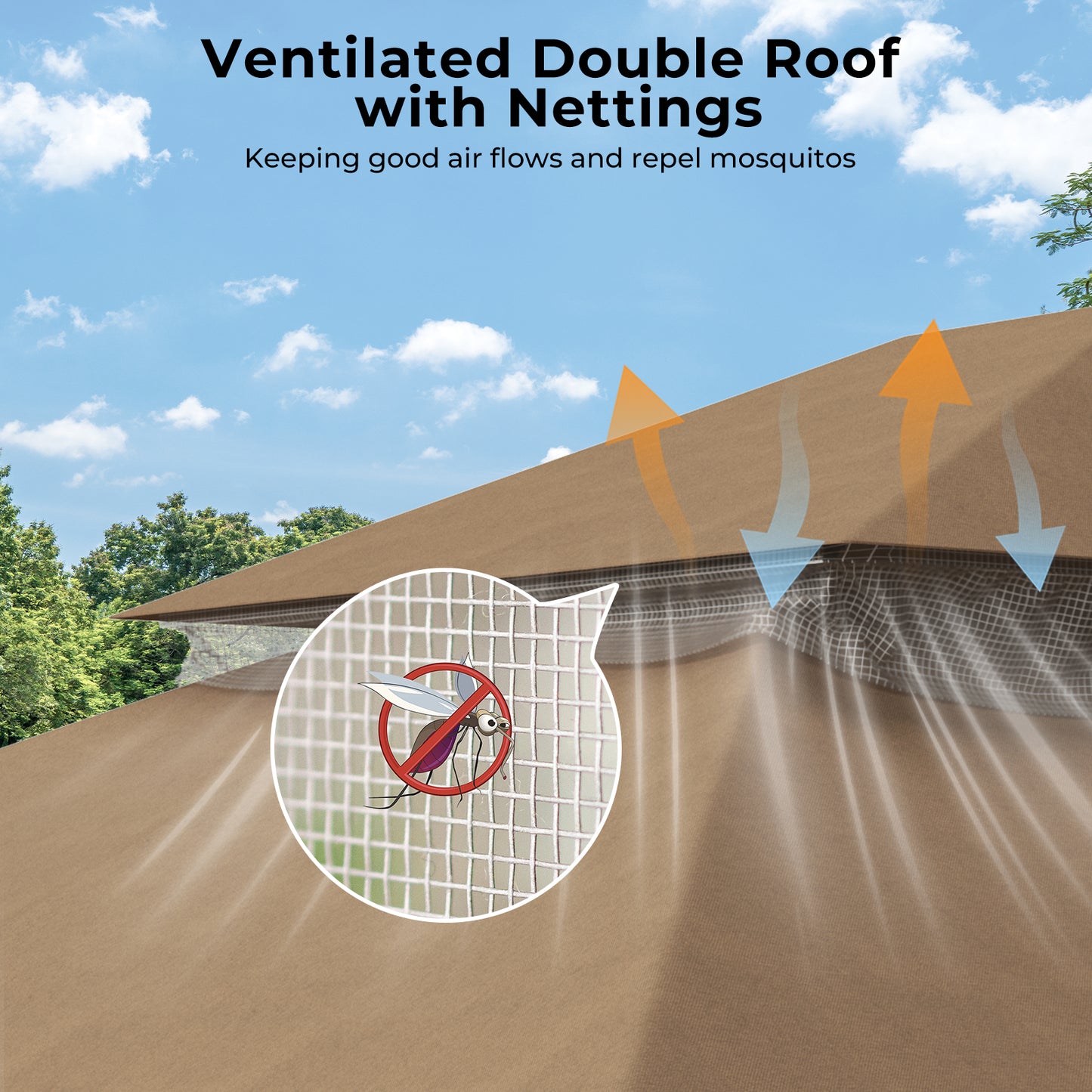 10'x13' Outdoor Patio Gazebo with Double Roof & Mosquito Netting,Brown