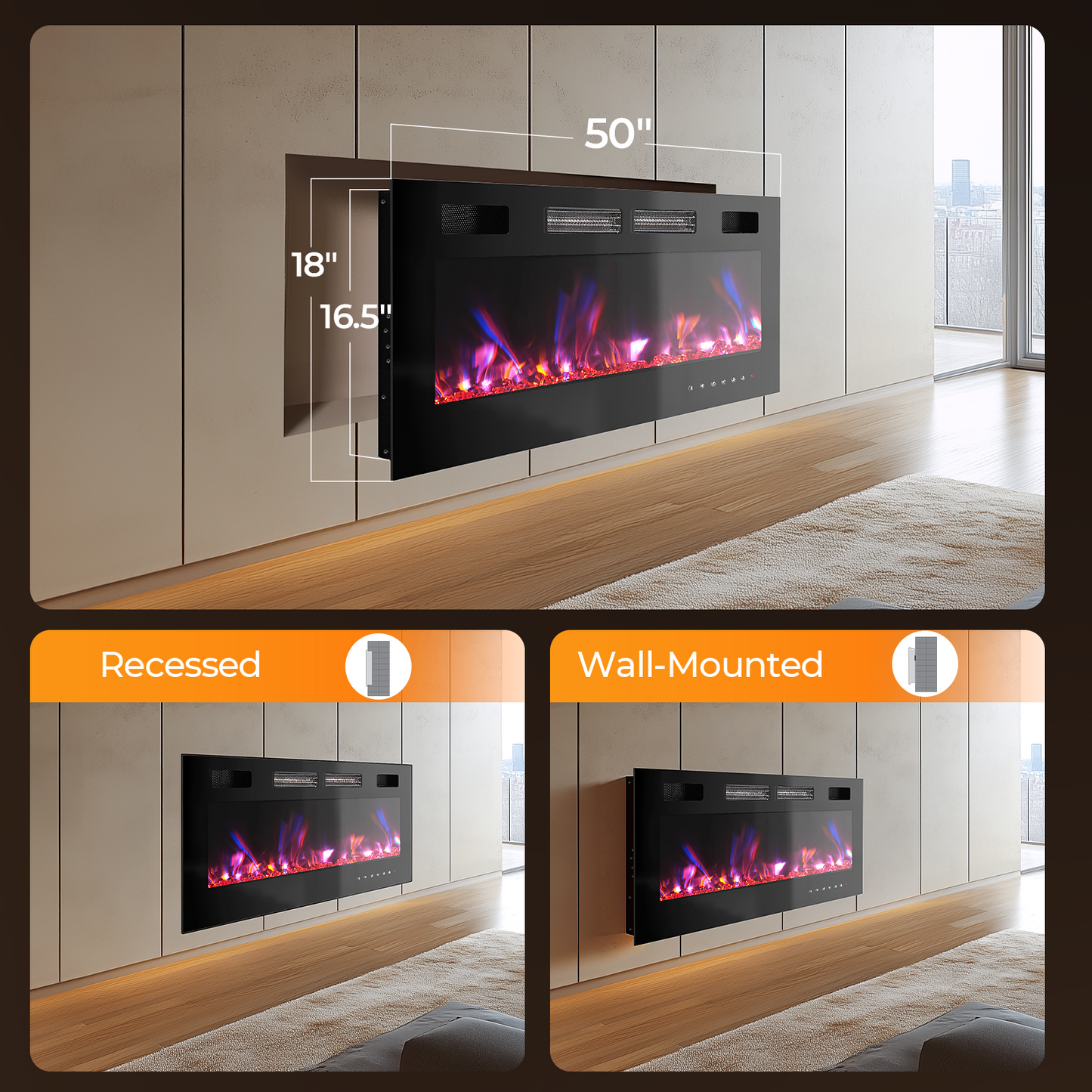 50" Electric Fireplace, 750/1500WRecessed Wall Mounted Electric Heater