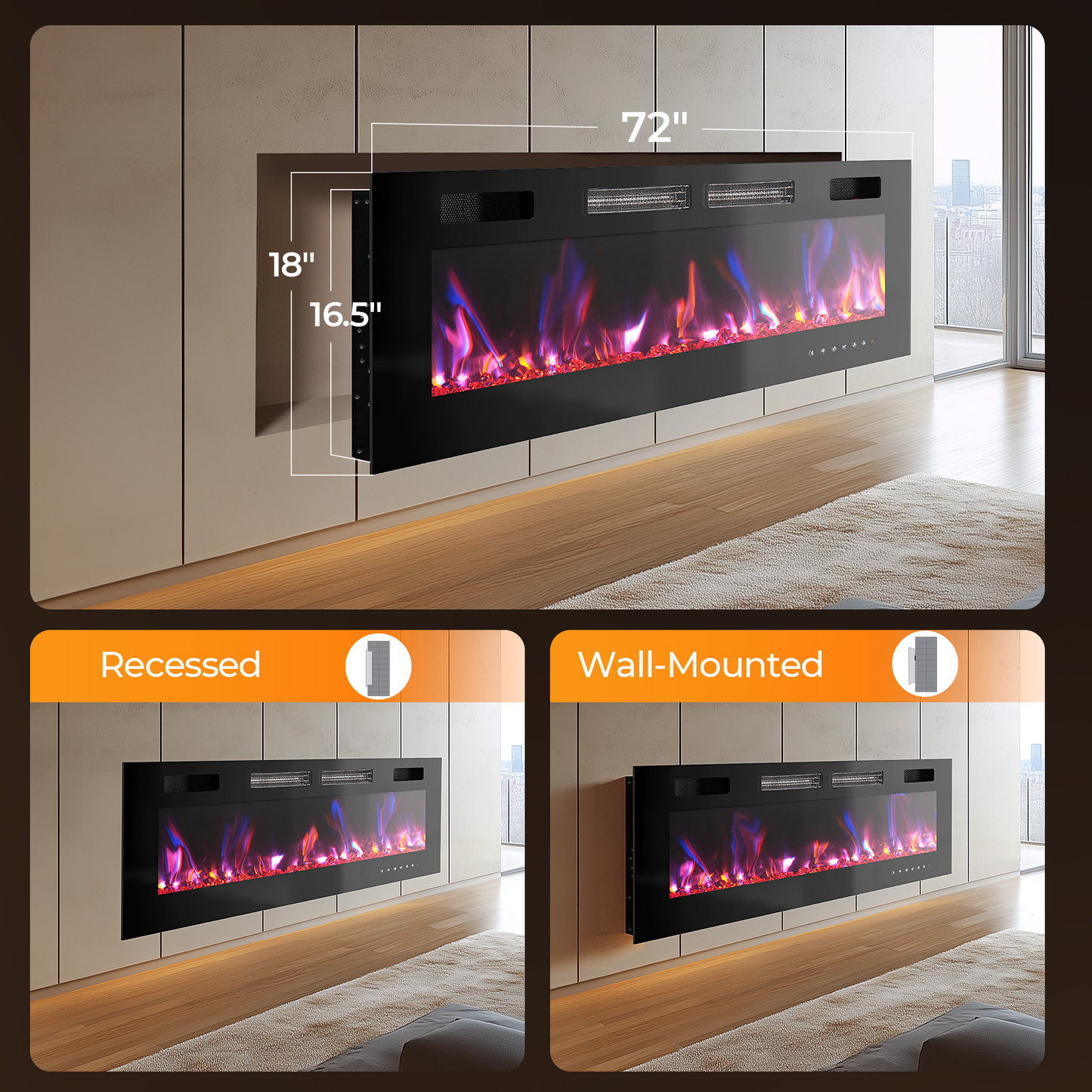 72" Electric Fireplace, 750/1500WRecessed Wall Mounted Electric Heater