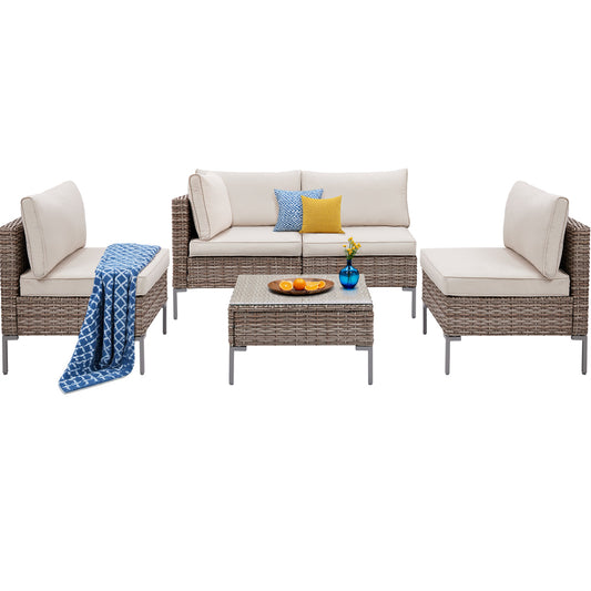 5 Piece Patio Furniture Set, Outdoor Conversation Set Rattan Sofa