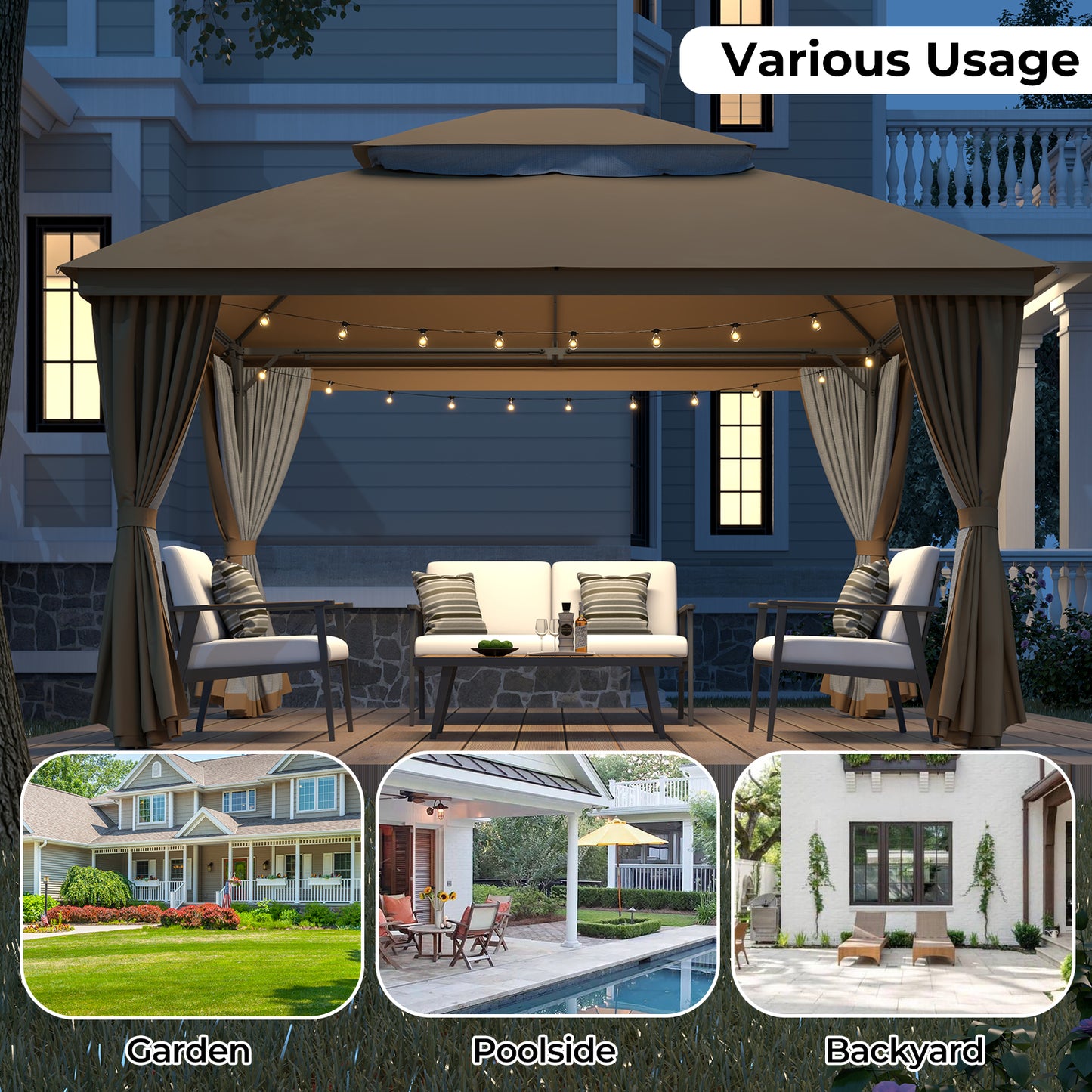 10'x13' Outdoor Patio Gazebo with Double Roof & Mosquito Netting,Brown