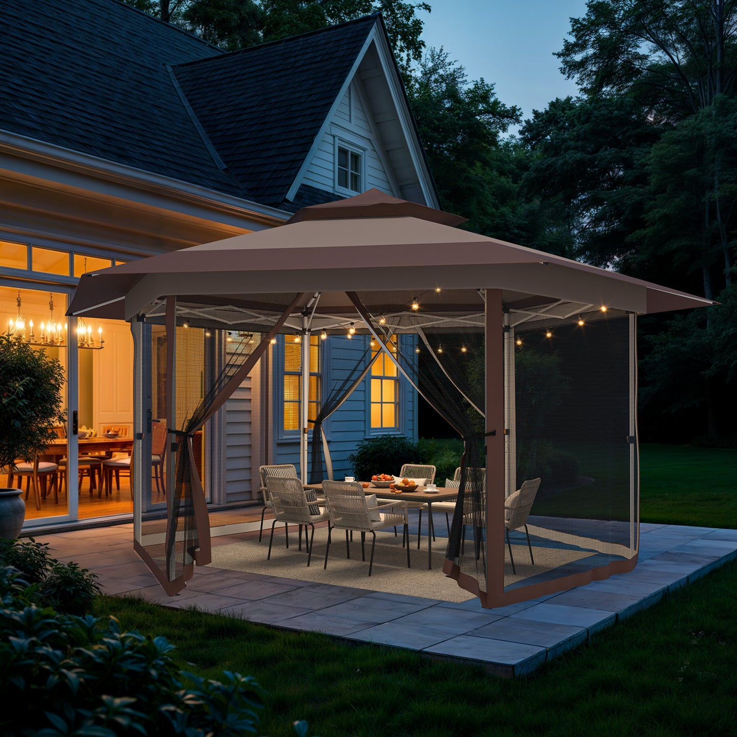 13' x 13' Pop Up Gazebo Hexagonal Canopy with Zippered Mesh Netting