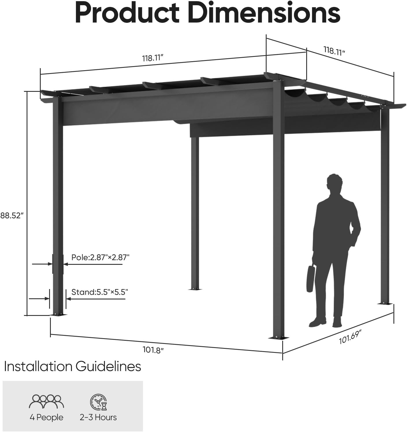 10'x10' Aluminum Outdoor Retractable Pergola with Canopy, Patio Gazebo