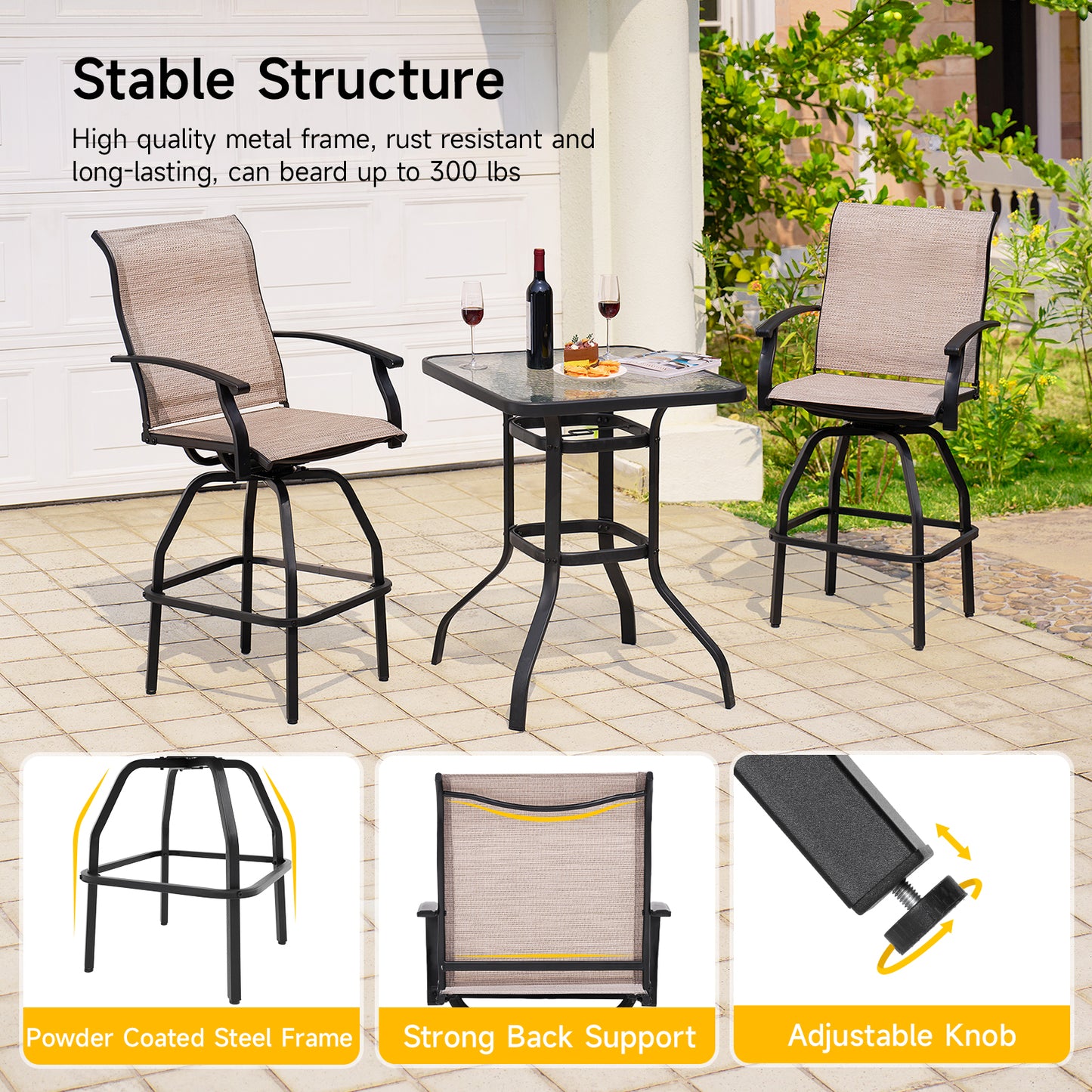 2 Pcs Patio Swivel Bar Chairs, 360° Rotating Counter Height Bar Stools
