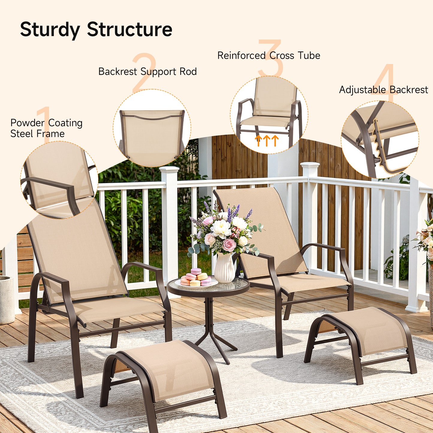 5 Piece Patio Furniture Set with 2 Ottomans and Glass Table, Brown