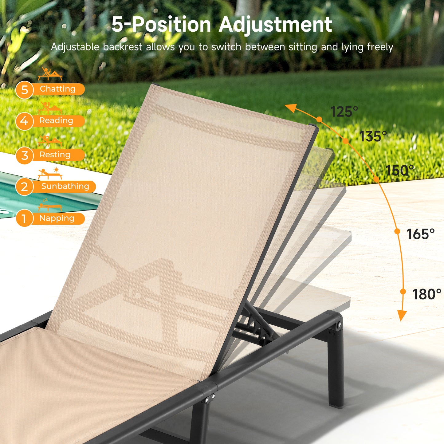 Foldable Aluminum Outdoor Chaise Lounge Chair, No Assembly, Khaki