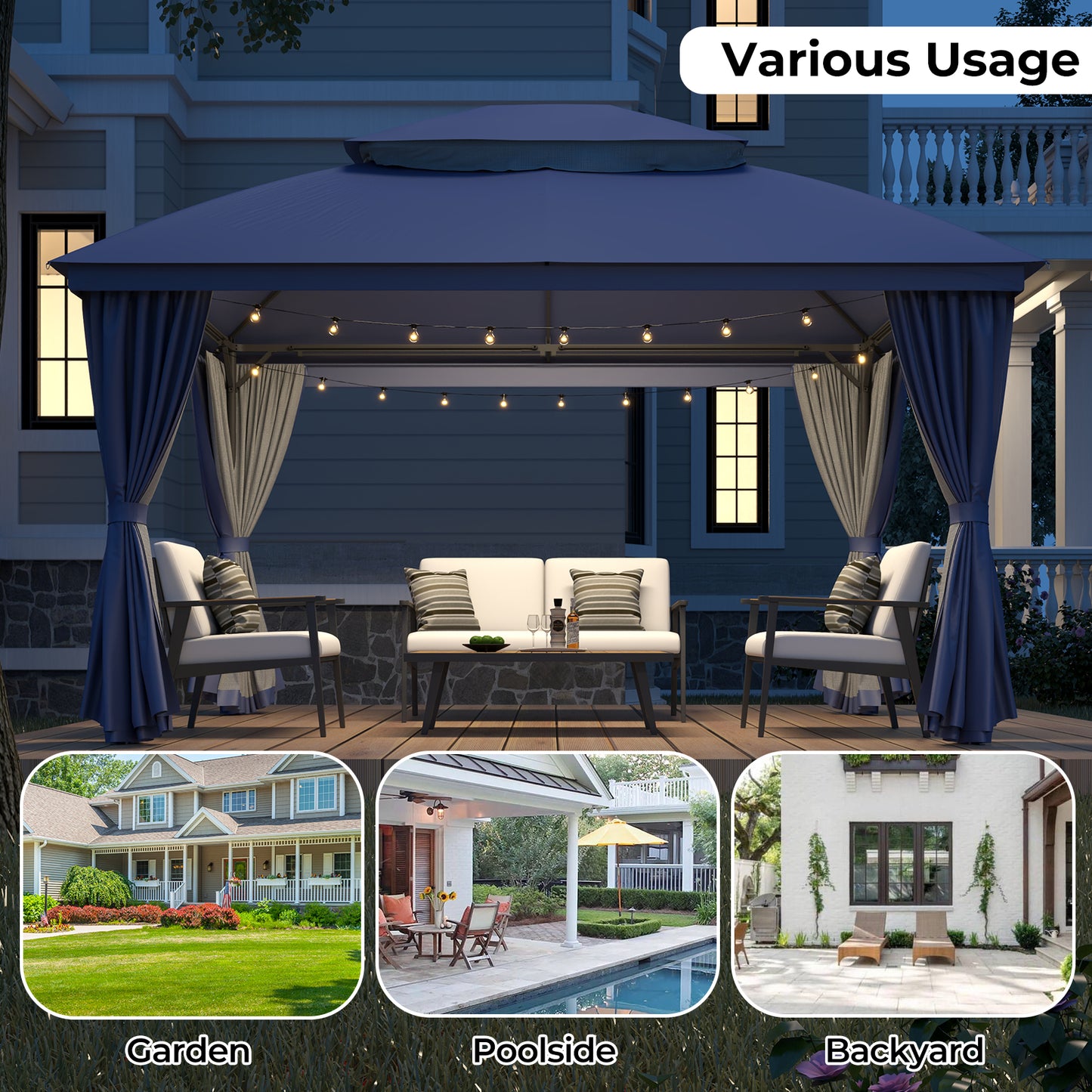 10'x13' Outdoor Patio Gazebo with Double Roof & Mosquito Netting, Blue