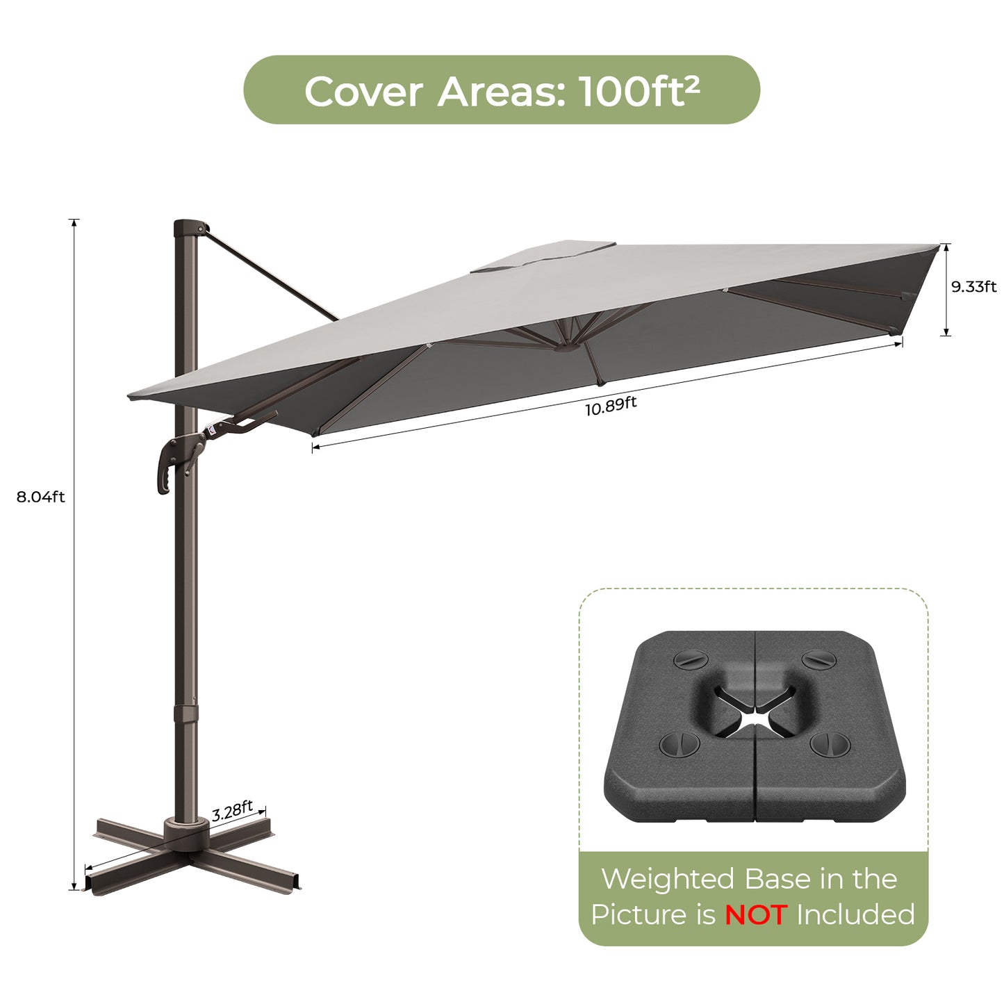 10x10ft Square Outdoor Patio Umbrella Offset Cantilever Umbrella, Gray