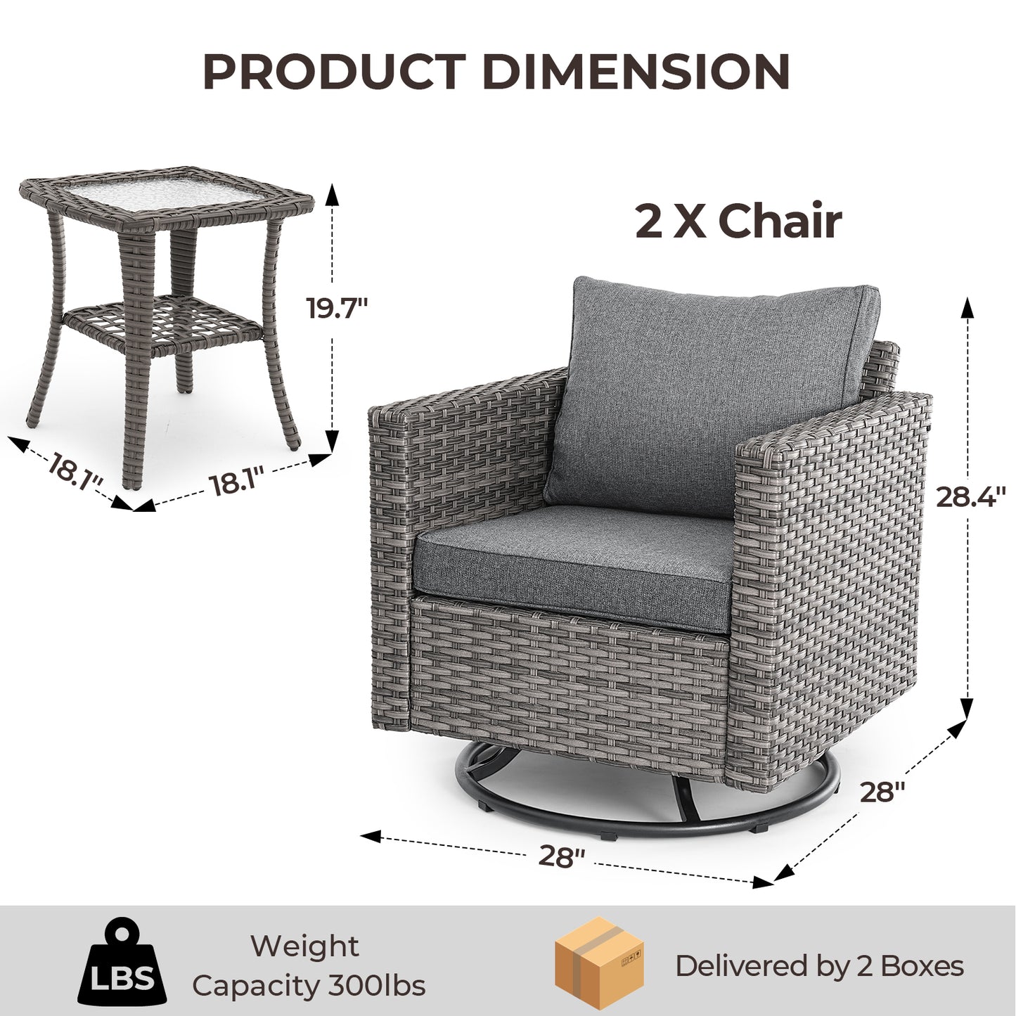 3 Pcs Patio Bistro Set w/ Wicker Swivel Rocking Chairs & Side Table