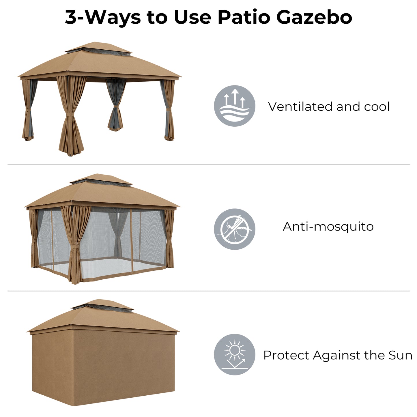 10'x13' Outdoor Patio Gazebo with Double Roof & Mosquito Netting,Brown