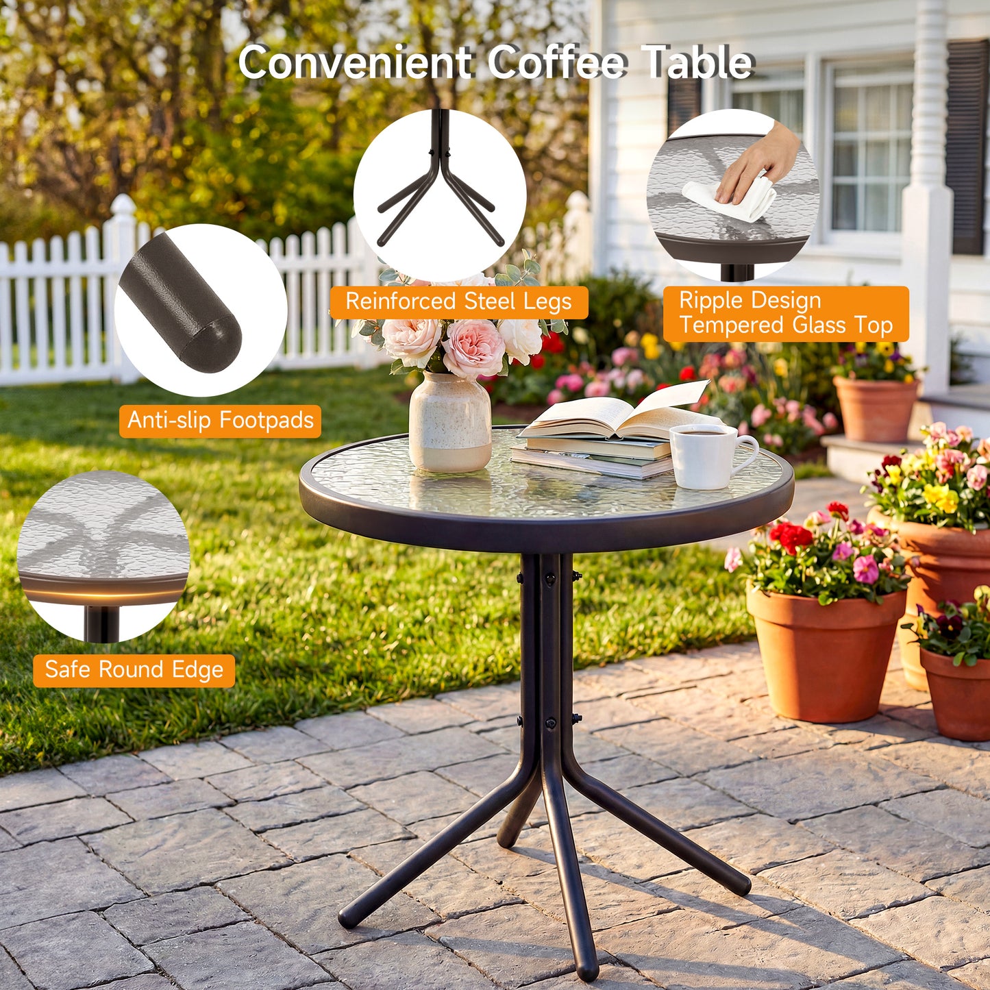 5 Piece Patio Furniture Set with 2 Ottomans and Glass Table, Brown
