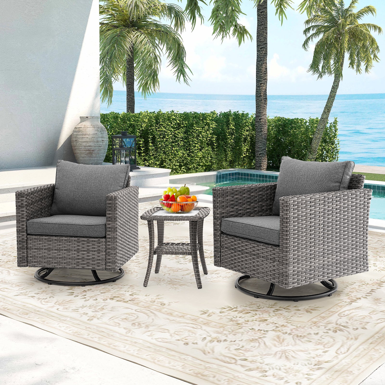 3 Pcs Patio Bistro Set w/ Wicker Swivel Rocking Chairs & Side Table ...