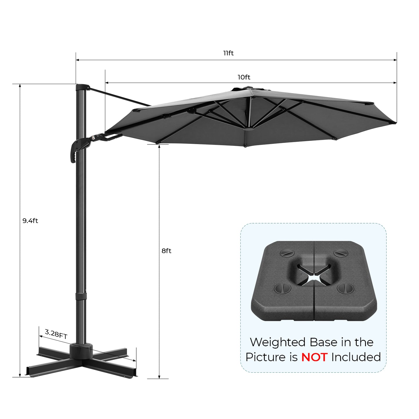 10' Round Hanging Offset Cantilever Umbrella w/ Polyester Canopy, Gray