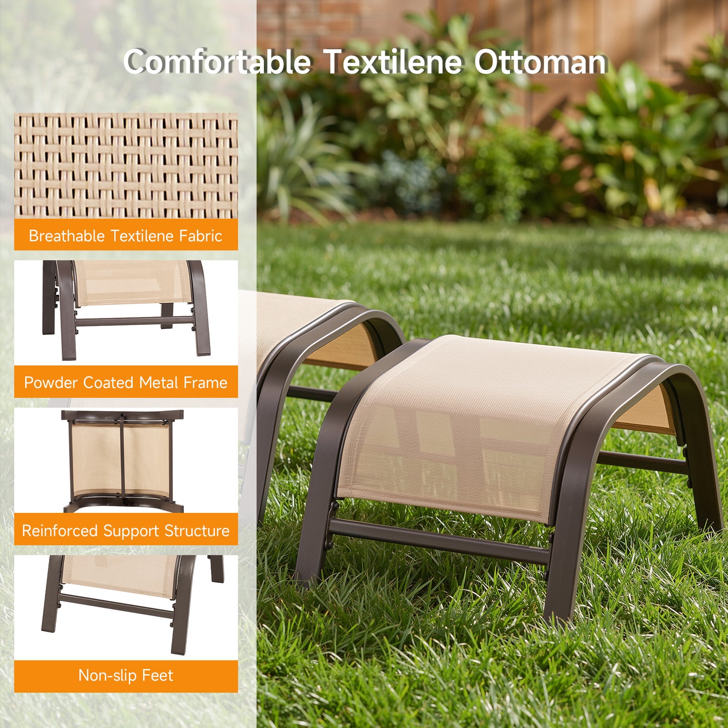 5 Piece Patio Furniture Set with 2 Ottomans and Glass Table, Brown