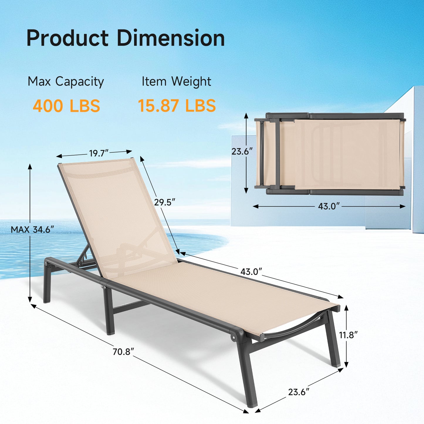 Foldable Aluminum Outdoor Chaise Lounge Chair, No Assembly, Khaki