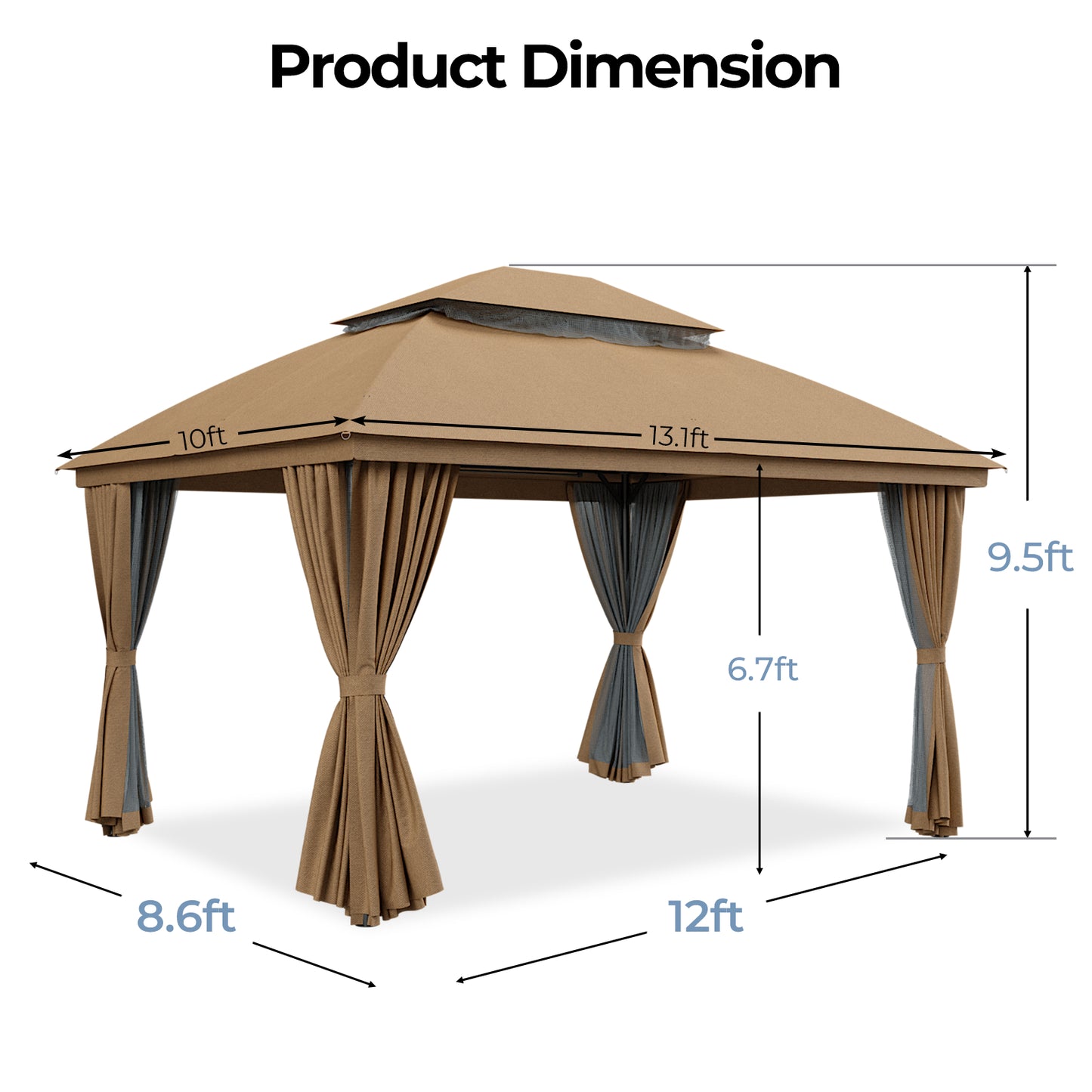 10'x13' Outdoor Patio Gazebo with Double Roof & Mosquito Netting,Brown