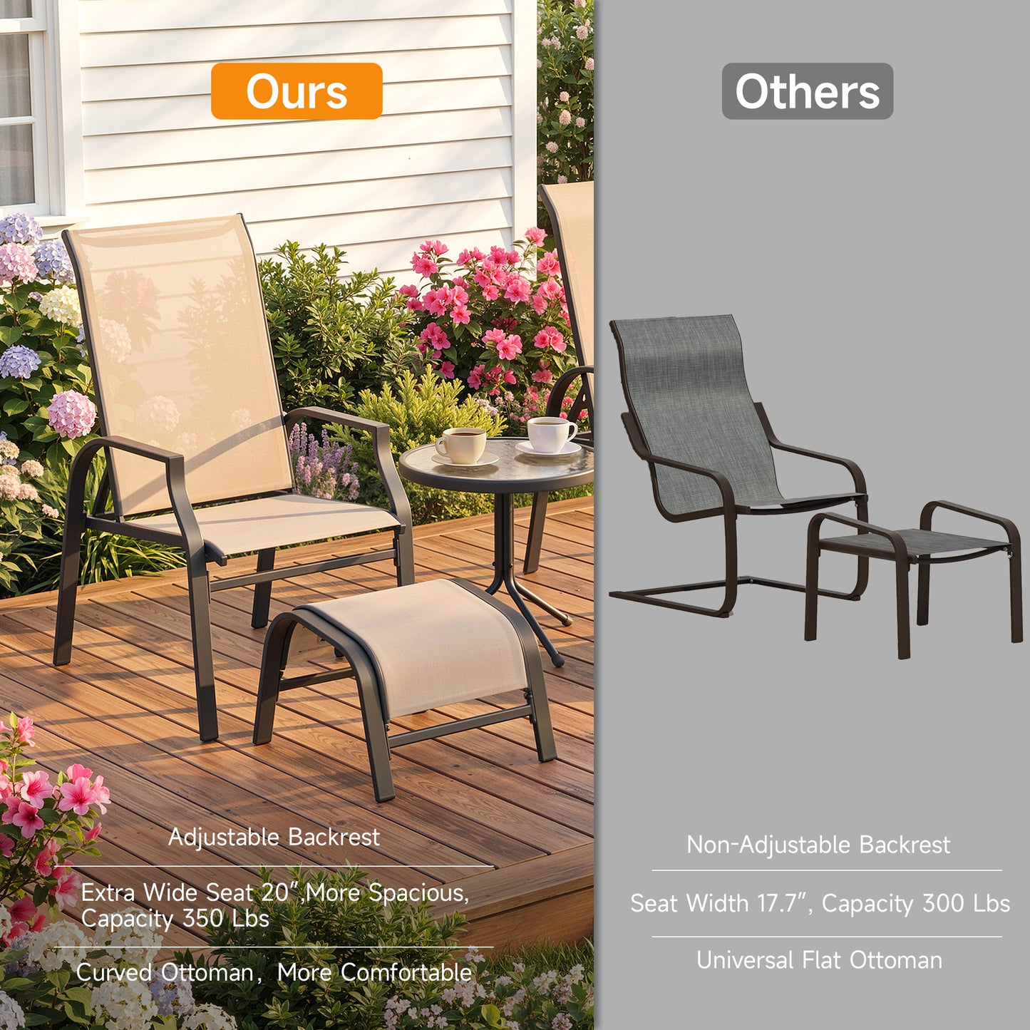 5 Piece Patio Furniture Set with 2 Ottomans and Glass Table, Brown
