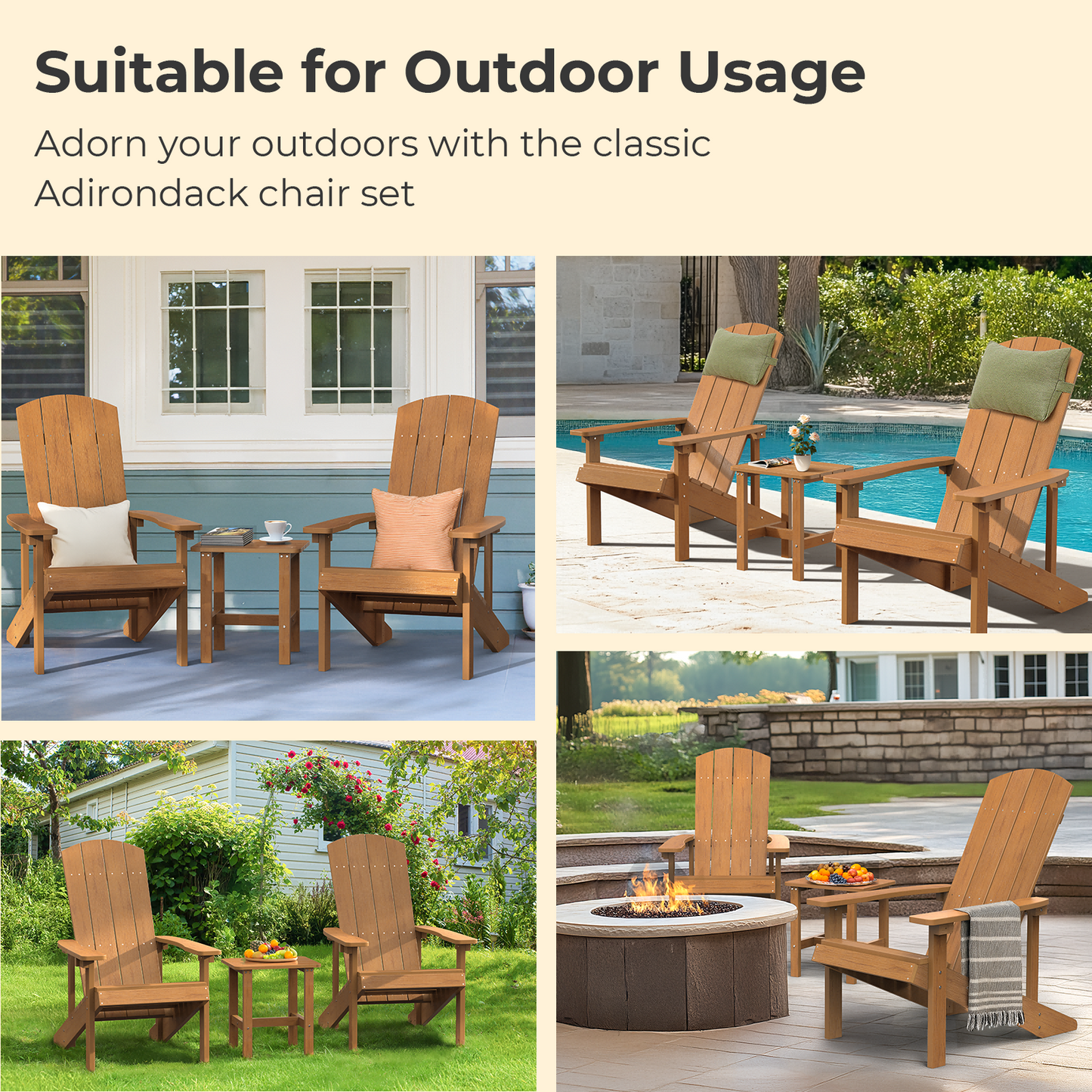 3 Piece Adirondack Chairs Set with Side Table and 2 Headrests