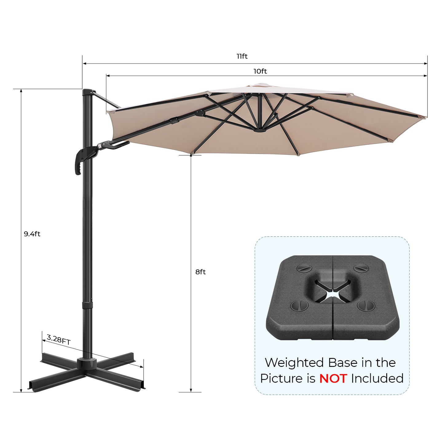 10' Round Hanging Offset Cantilever Umbrella w/ Polyester Canopy, Beige