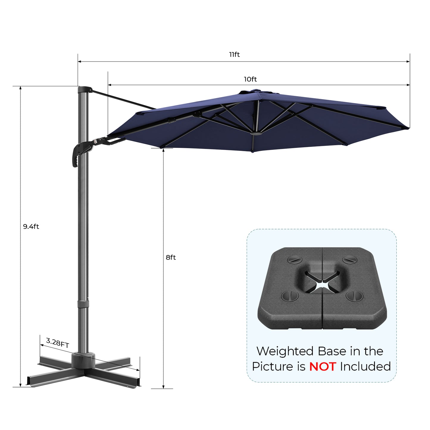 10' Round Hanging Offset Cantilever Umbrella w/ Polyester Canopy, Blue