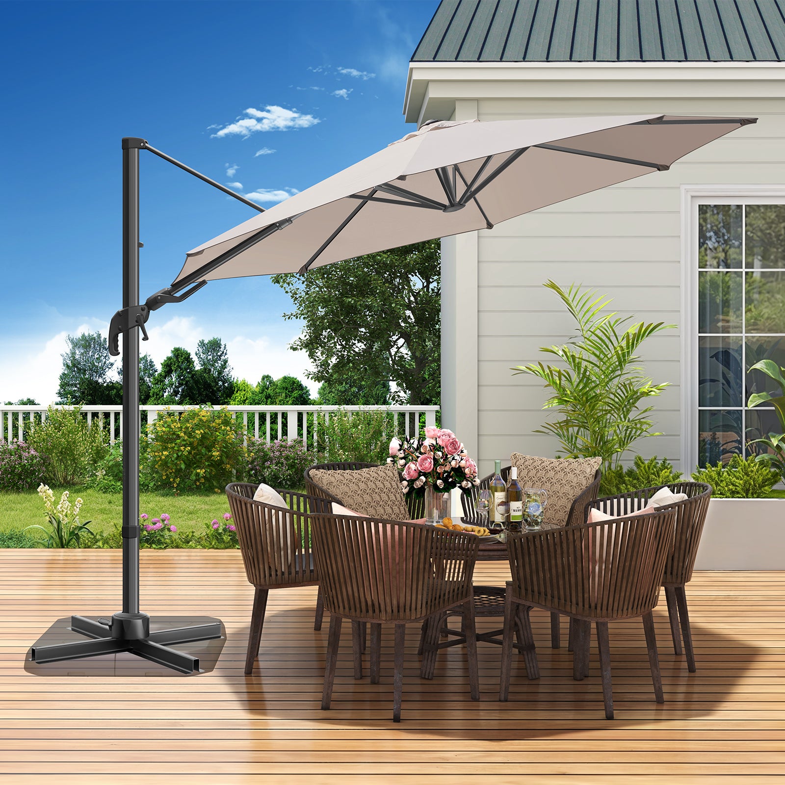 champagne patio umbrella 10ft Hanging Offset Cantilever Umbrella w/ Olefin Canopy, Champagne – Vitarpatio