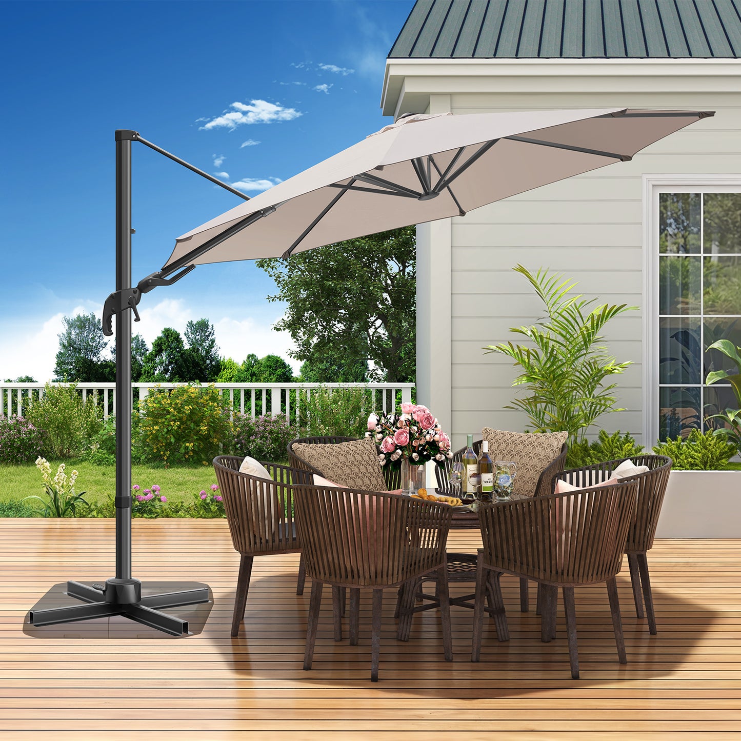 10ft Hanging Offset Cantilever Umbrella w/ Olefin Canopy, Champagne